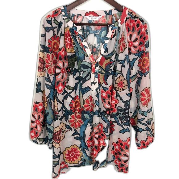 eShakti Red Floral Sheer Career Dressy Blouse Women's Size XL 18 - Picture 1 of 5
